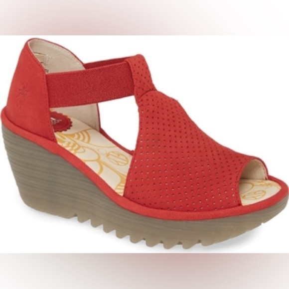 Fly London Sandal Platform Wedge Open Toe Red Women's 7/38 Perforated Leather - Picture 7 of 10